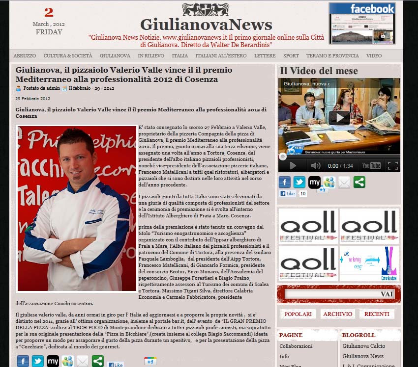 Giulianova, il pizzaiolo Valerio Valle vince il premio Mediterraneo alla professionnalità 2012 di Co